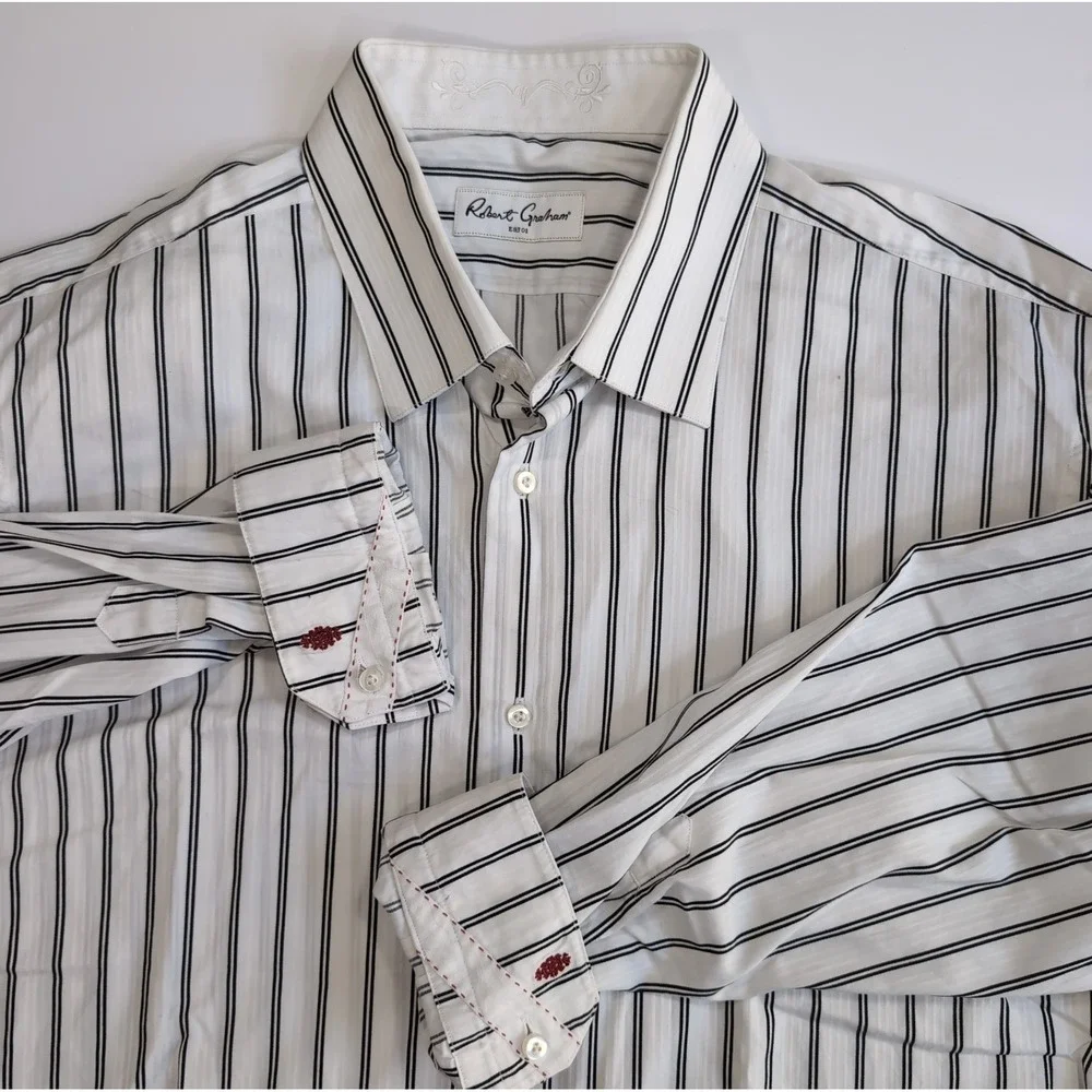 Robert Graham Flip Cuff Long Sleeve Shirt Mens 2XL 18 46 White Black Stripe